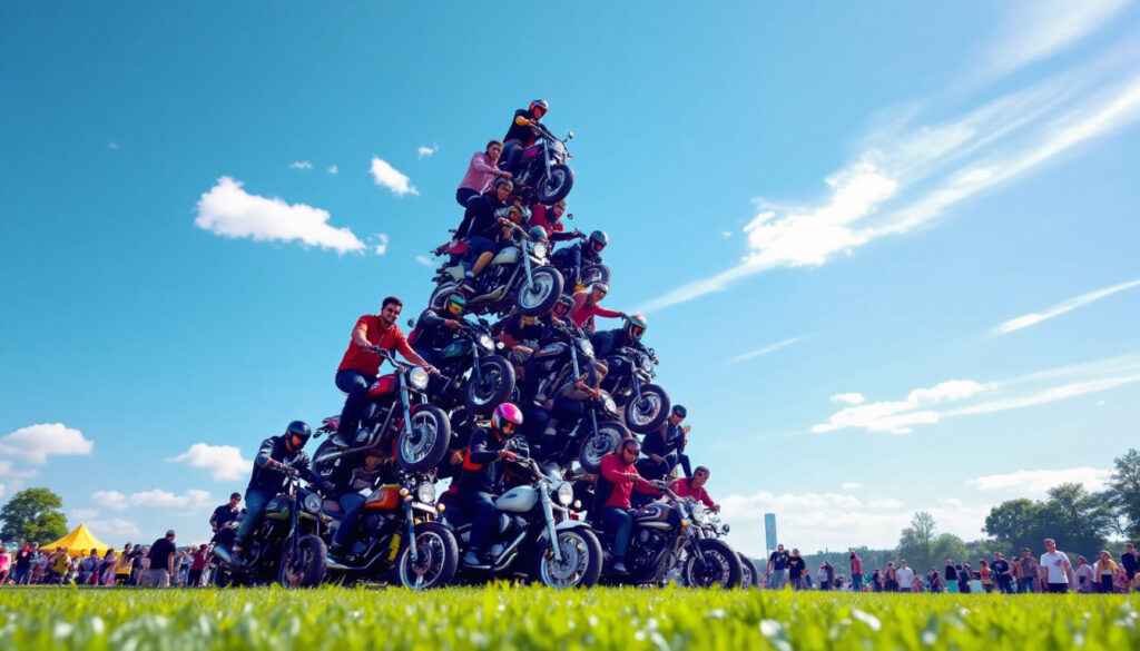 découvrez l'extraordinaire exploit d'une pyramide humaine à moto, atteignant des sommets impressionnants de plus de 6 mètres. un mélange audacieux de courage, d'habileté et d'esprit d'équipe qui repousse les limites de l'équilibre et de la créativité. ne manquez pas ce phénomène fascinant qui allie adrénaline et spectacle !